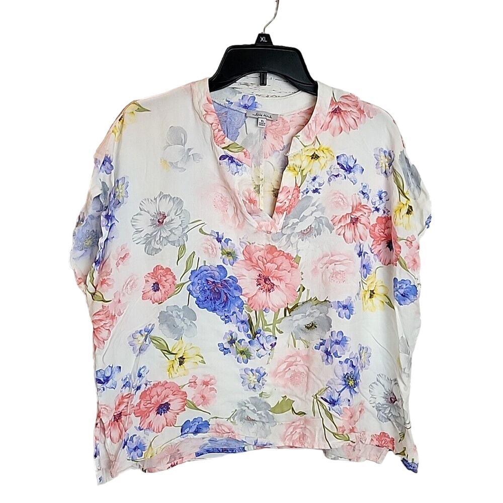 White Birch White Floral Split Neck Colorful Short‎ Sleeve Top Women's Size XL